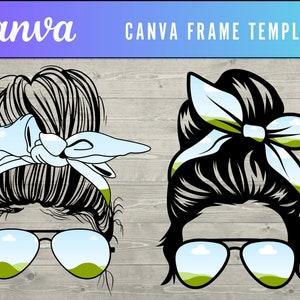 May include: Two black and white illustrations of women with messy buns and sunglasses. Each woman is wearing a light blue bandana tied around her bun. The background is a wood grain pattern.