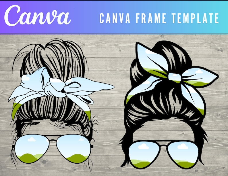 May include: Two black and white illustrations of women with messy buns and sunglasses. Each woman is wearing a light blue bandana tied around her bun. The background is a wood grain pattern.
