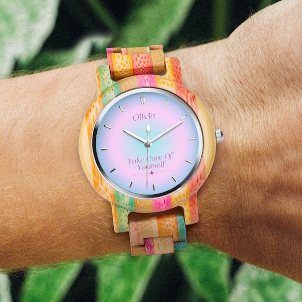 Custom Name Watch, Wood Watch for Women, Aura Gradient Personalized Wooden Watch, Valentines Day Gift, Girlfriend Gift, Mothers Day Gift