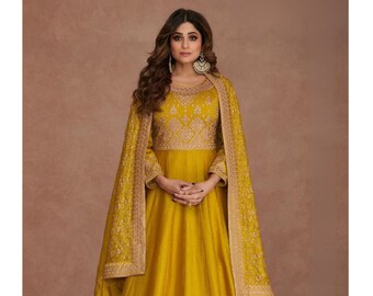 Pesado largo Anarkali vestido traje bordado secuencia trabajo indio pakistaní fiesta de bodas usar hermoso vestido Anarkali acampanado completo Dupatta vestido