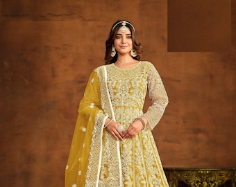 Light Color Indian Designer Bollywood Pakistani Muslim Women Wear Long Gown Anarkali With Work Function Party Wear Salwar Kameez Dress Gown