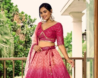 Vêtements de réception Chinon Lehenga Choli avec séquence et travail du fil avec filet doux Dupatta pour femme, demoiselle d'honneur Lehenga, mariage Lehenga