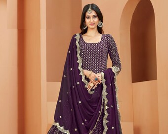Purple Eid Wear Designer Full Flared Anarkali Gown Suit Pakistani Indian Wedding Function Wear Heavy Embroidery Work Anarkali Dupata Dresses