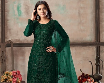 Unique Collection Straight Salwar Kameez Suit Indian Pakistani Wedding Party Wear Ready Made Tone To Tone Embroidery Work Net Dupatta Dress