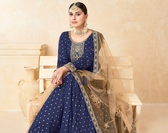 Designer Blue Anarkali Gown For Women Indian Wedding Party Wear Long Gown Traditional Festive Wear Readymade Embroidery Salwar Kameez Dress