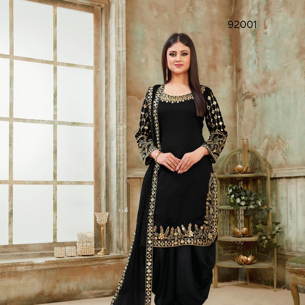Ethnische Party Wear Schwarze Farbe Fancy Punjabi Patiala Anzug Frauen Fertige Genähte Pakistanische Spiegelarbeit Salwar Kameez mit schweren Dupatta Kleidern