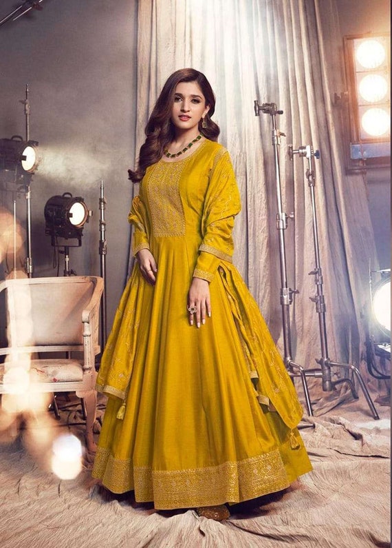 Mustard Yellow Anarkali Suit In Georgette With Resham Embroidered Buttis  And Floral Border | Yellow anarkali suits, Yellow anarkali, Anarkali dress