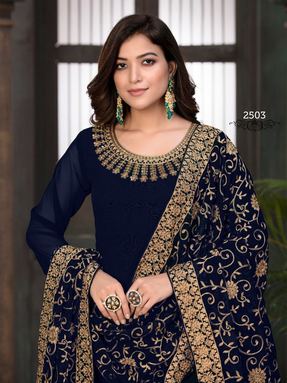 Navy blue flared dress with dupatta - set of two by Anecdotes | The Secret  Label