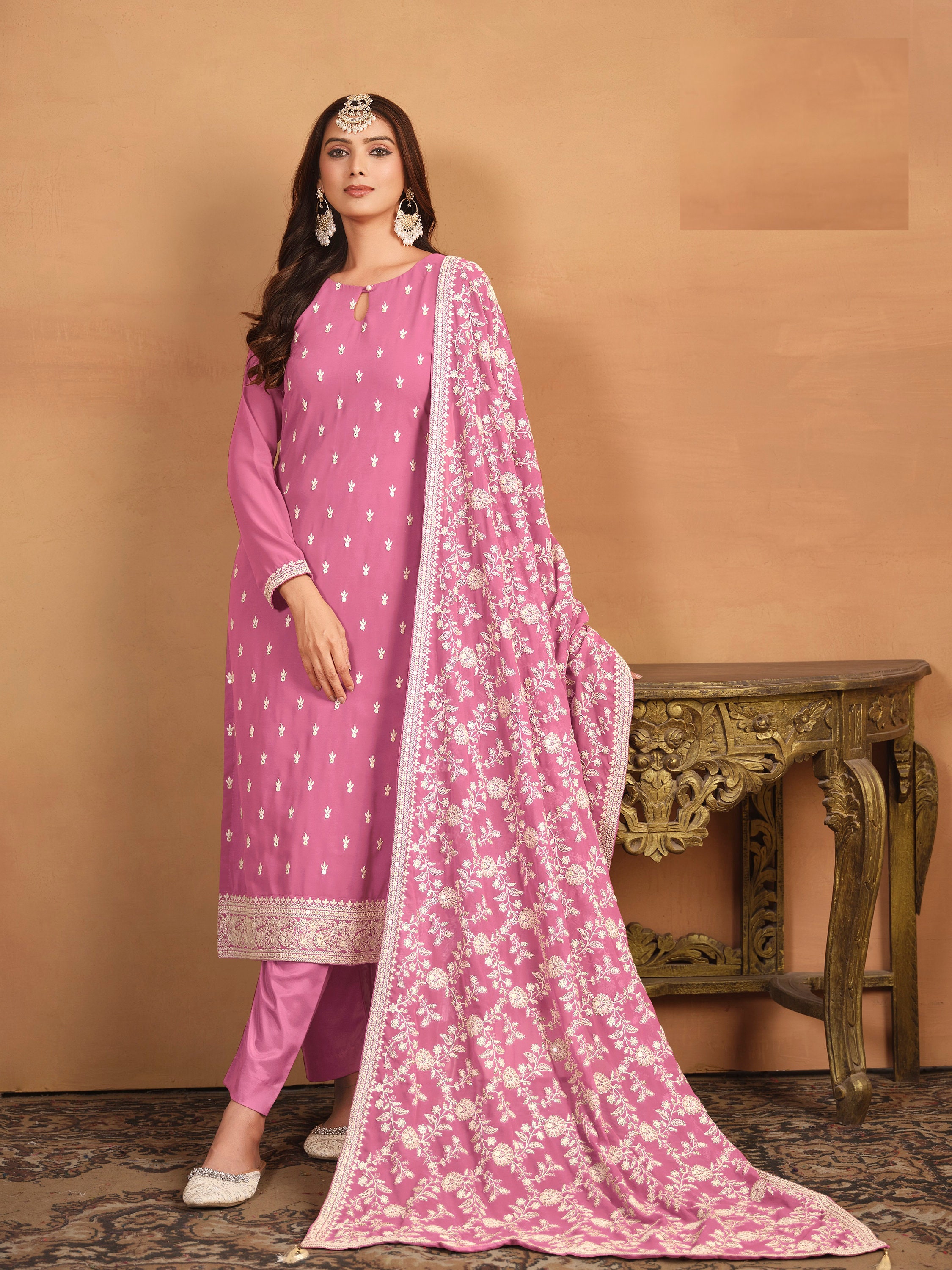 Designer Faux Georgette Embroidered Top-Farshi Pant Dupatta Set | Party Wear Ethnic Suit for Women