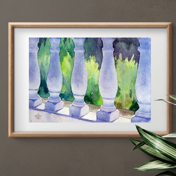 Sonnenbeschienene Balustrade, original Aquarell, Wanddekor, Sommersonne, Geschenk