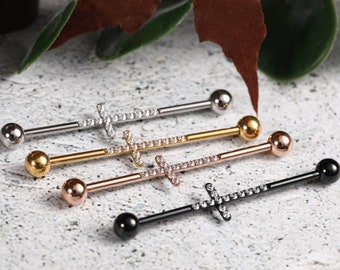 Industrial Barbell Surgical Steel 14G Industrial Earrings with Cross CZ Cartilage Body Piercing Jewelry 1 1/2 Inch 38mm