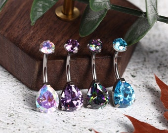 14G 10mm Prong Set Double Sparkle Gem G23 Titanium Belly Button Navel Piercing Ring Water Drop Shape