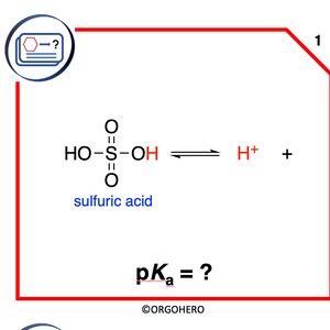 Op de afbeelding: Een diagram dat de dissociatie van zwavelzuur (HO-S-OH) in een waterstofion (H+) en een sulfaation laat zien. De pKa van zwavelzuur wordt weergegeven met een vraagteken.