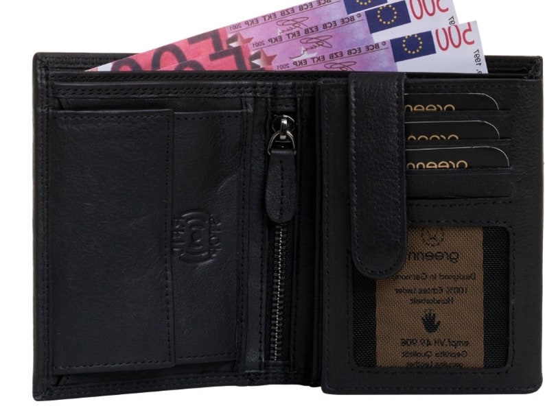greenn RFID left-handed wallet,wallet,various models,genuine leather,double seam,bill compartments made of leather, Schwarz Nappa Hoch