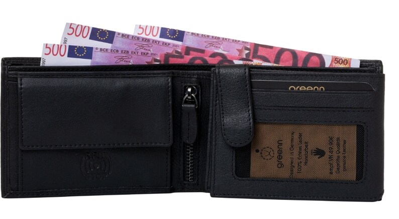 greenn RFID left-handed wallet,wallet,various models,genuine leather,double seam,bill compartments made of leather, Schwarz Nappa Quer