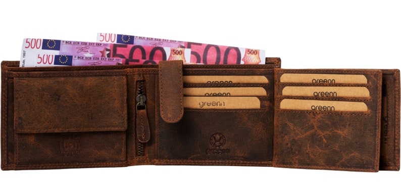greenn RFID left-handed wallet,wallet,various models,genuine leather,double seam,bill compartments made of leather, Braun Büffel Quer