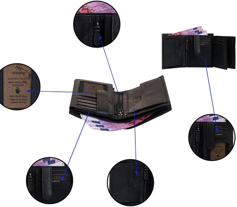 greenn RFID Linkshänder Geldbörse,Portemonnaie,verschiedene Modele,Echtes Leder,Doppelnaht,Scheinfächer ausLeder, Bild 5