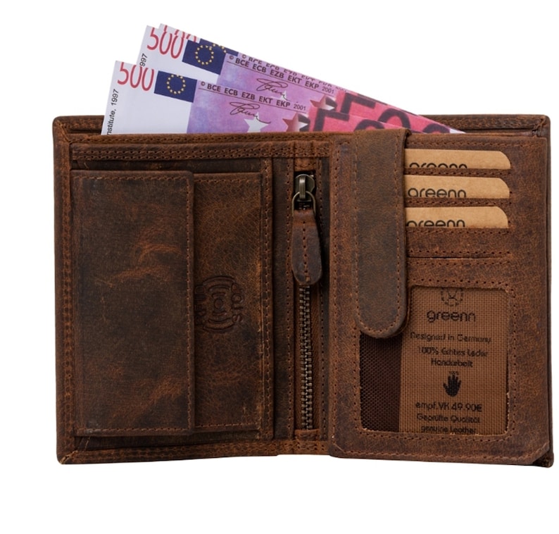 greenn RFID left-handed wallet,wallet,various models,genuine leather,double seam,bill compartments made of leather, Braun Büffel Hoch