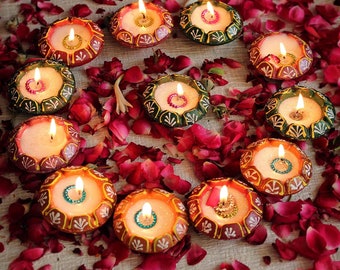 Alluring Handmade and Hand-Painted Terracotta and Waxed Diya Set of 12 - Diwali and Christmas Decoration Items