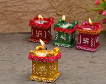 Alluring Handmade and Hand-Painted Terracotta and Waxed Diya Set of 4 - Diwali and Christmas Decoration Items