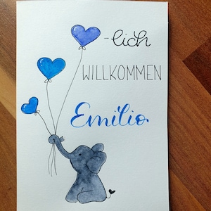 Karte zur Geburt Elefant mit Luftballons personalisiert