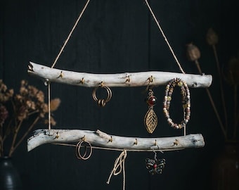 Rustic Driftwood Jewelry Hanger: Wall Hanging Earring Organizer, white or golden color