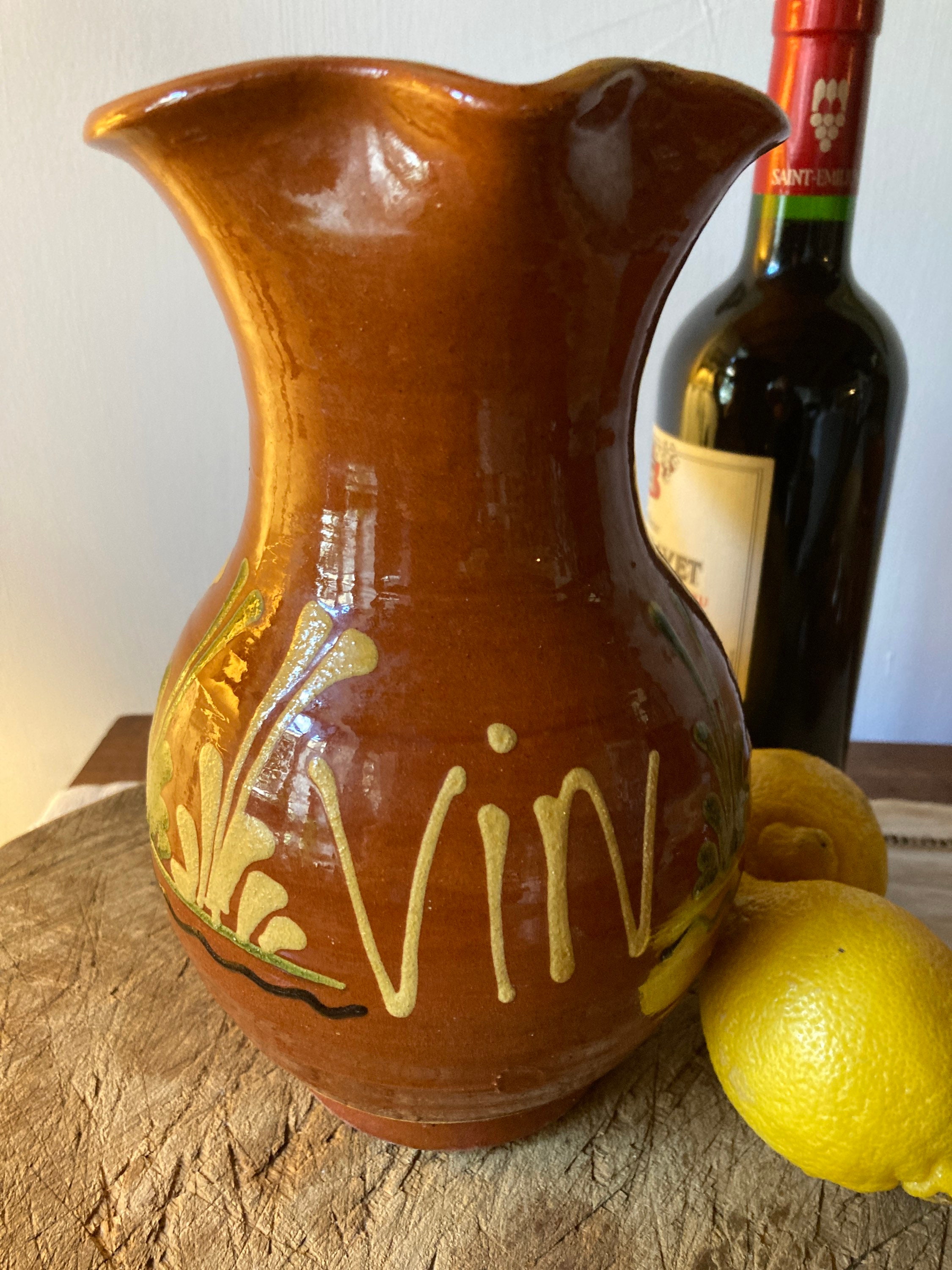Vintage French Rustic Glazed Earthenware Wine Jug / Vin De Table