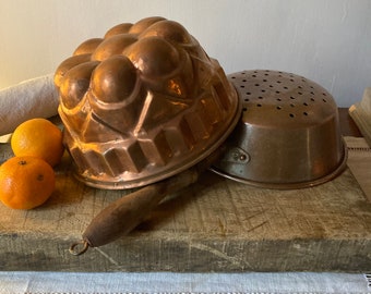 Set Vintage French Copper / Cake Mold / Colander / Strainer / Passoire / French Rustic / Country Kitchen