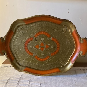 Lovely Vintage Florentine Orange and Gold Painted Wooden Tray / Made in Italy Signed / Italian Decor