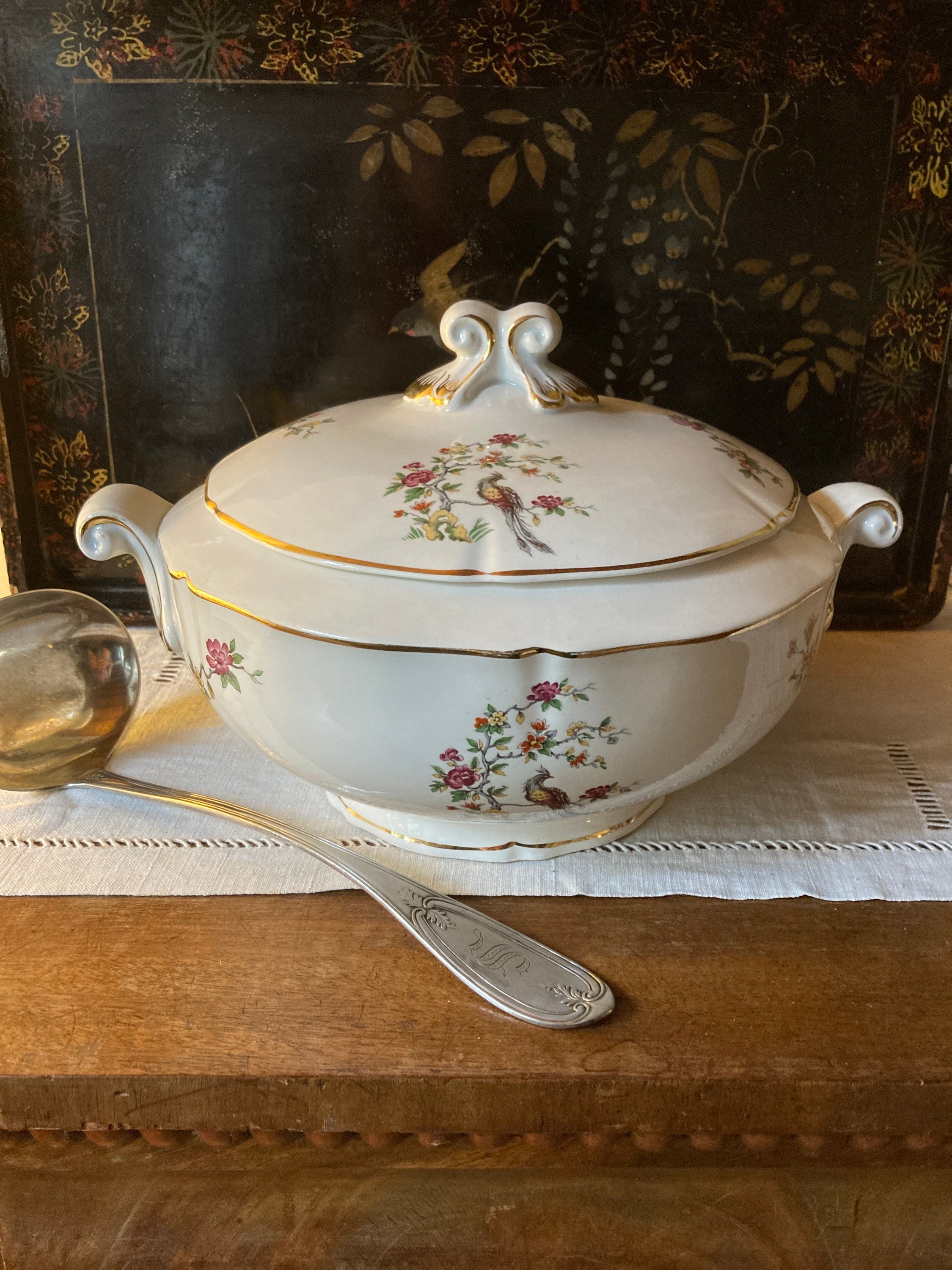 vintage français ceranord st. amand porcelaine opaque serving dish/soupières soupier régence gold rimmed faisan motif