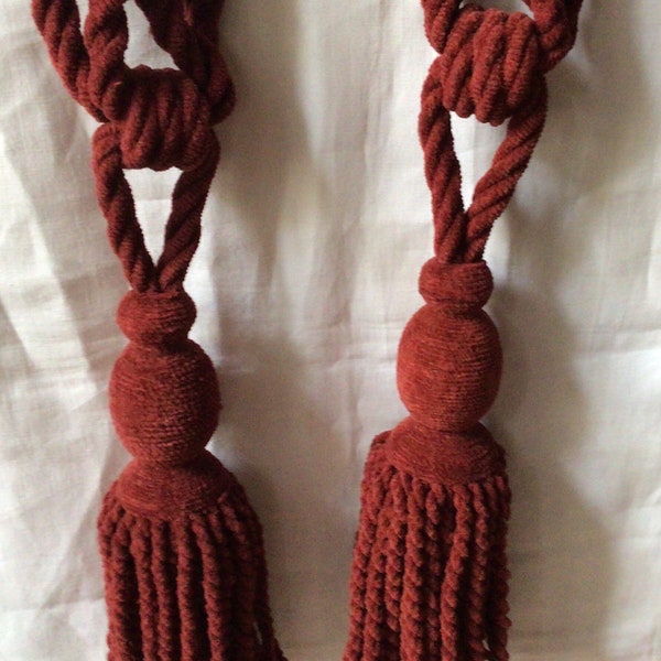 Pair Large Vintage French Chateau Drapery Rope Tassel Curtain Tie Backs / Hold Backs / Chenille Fringe / Deep Crimson Red Color
