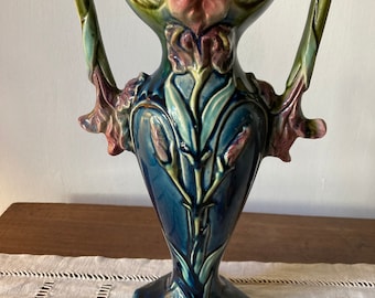 Beau vase français Art nouveau en céramique émaillée / Poterie décorative / Fin du XIXe siècle