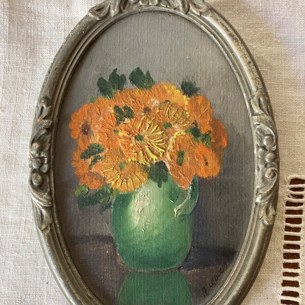 Antique French Victorian Small Floral Oil Painting Signed A. Ledoux / Miniature Still life/ Painted on Wood / Tin Frame