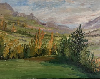 Beautiful Vintage French Jeanine Teuliere Oil on Canvas Painting / Autumnal Pyrenees Foothills Landscape / WWII Mountain Escape Route