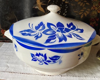 Vintage French Digoin Sarreguemines « Jacky » Serving Dish / Soupière / Blue and White Creamware / French Tableware