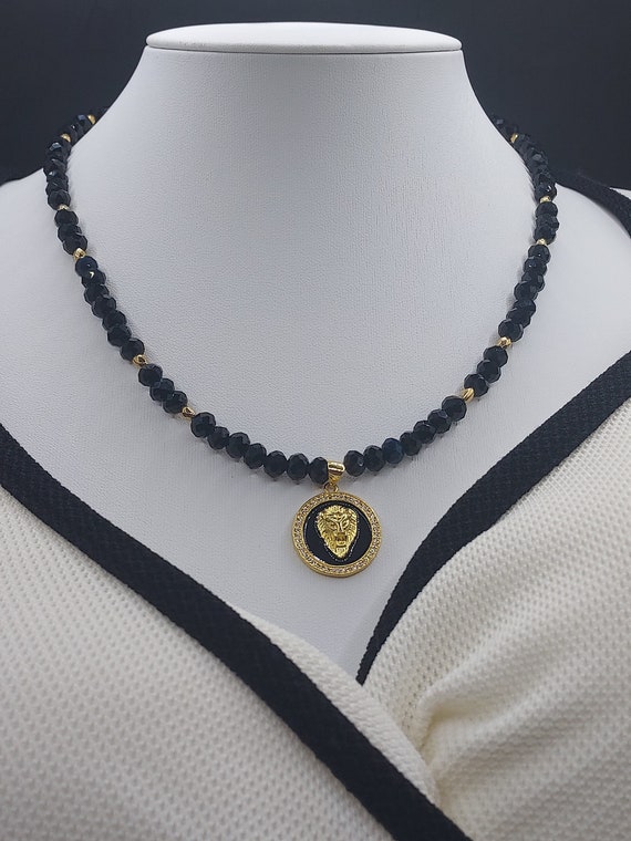 Lionheart Elegance: Handmade Black Crystal Necklace With Hematite 