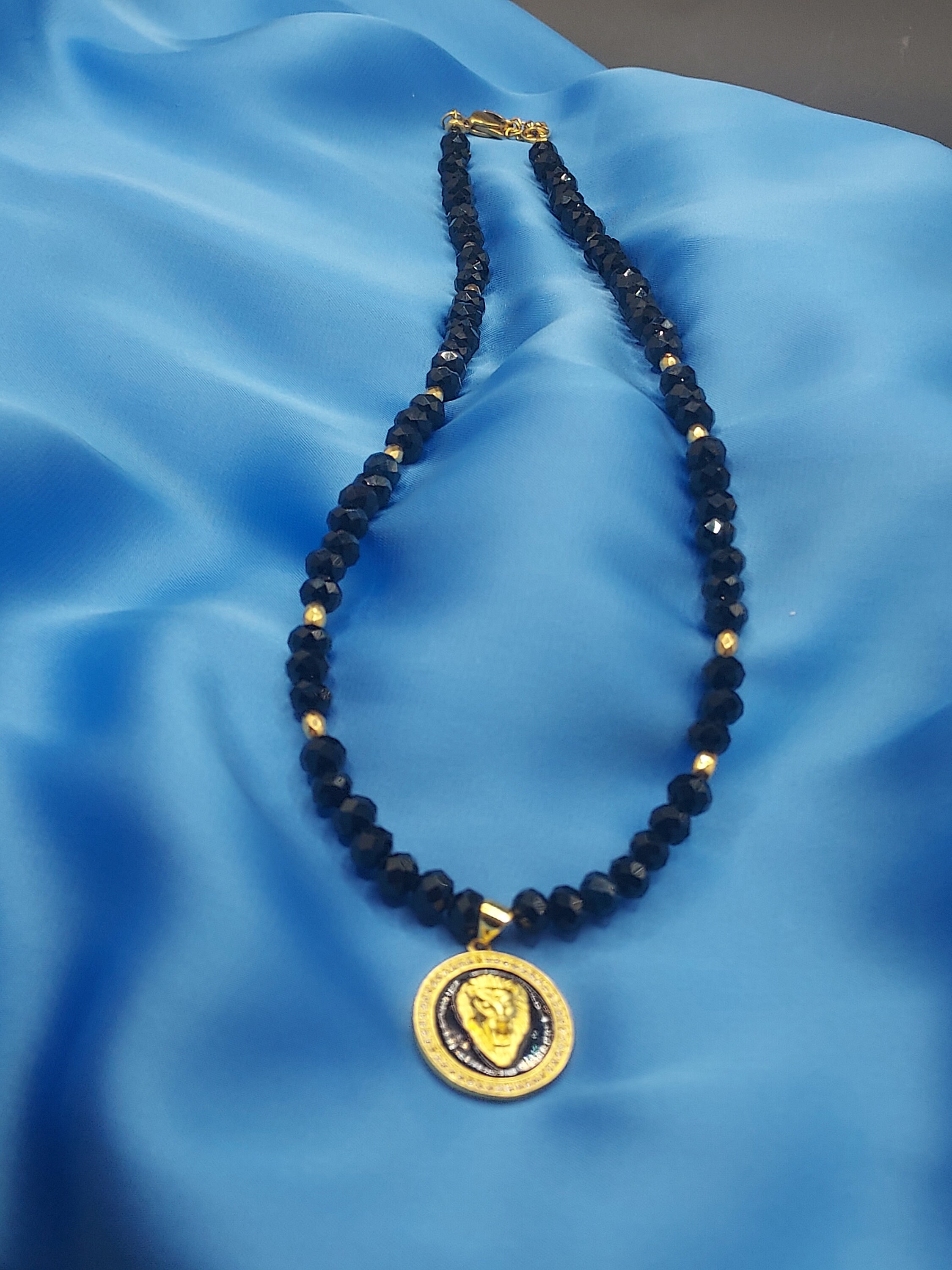 Lionheart Elegance: Handmade Black Crystal Necklace With Hematite 