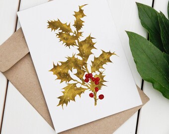 Gold Red Christmas Holly Printable Greeting Card, Digital Download