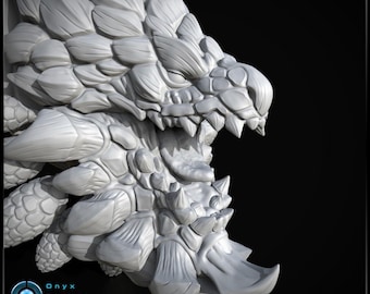 May include: A detailed, grayscale 3D rendering of a dragon's head, showcasing textured scales, sharp teeth, and a menacing expression. The dragon's head is the focal point, set against a black background. The Onyx Digital Studios logo is in the lower left corner.