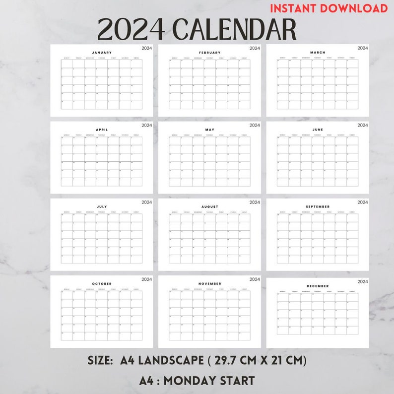 Printable 2024 Calendar Landscape, Monthly Calendar ,2024 Printable