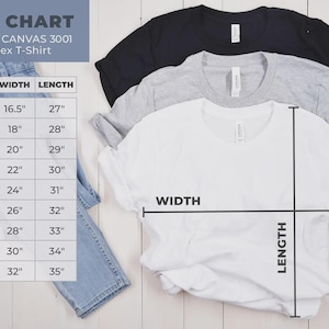 May include: Three unisex t-shirts in black, gray, and white are displayed, with a size chart for the BELLA + CANVAS 3001 model. The chart shows width and length measurements in inches for sizes XS to 5XL. A pair of blue jeans is also visible.