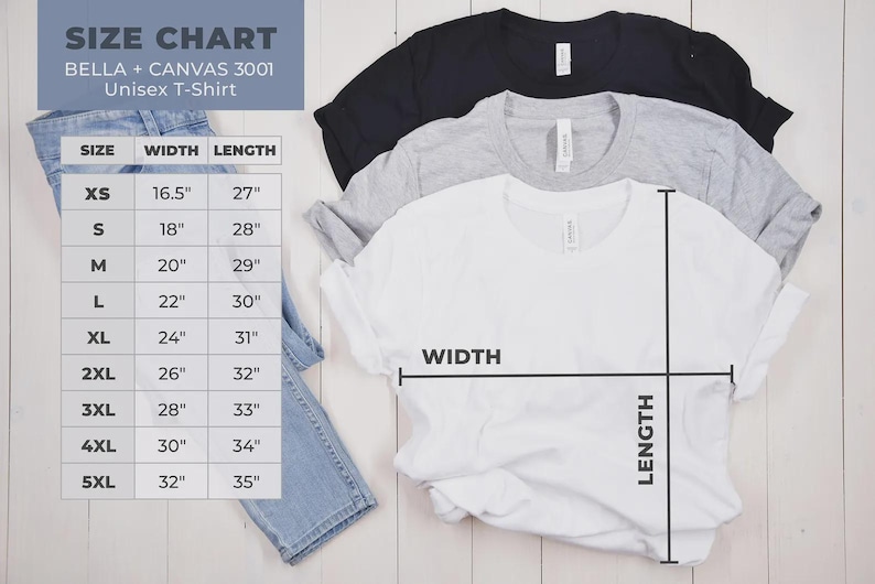 May include: Three unisex t-shirts in black, gray, and white are displayed, with a size chart for the BELLA + CANVAS 3001 model. The chart shows width and length measurements in inches for sizes XS to 5XL. A pair of blue jeans is also visible.