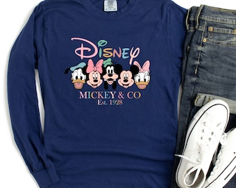 Mickey and Co. Pastel Disney Long Sleeve, Vintage Style Mickey Friends Theme Park Gift