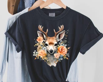 Floral Deer Graphic Tee: Vintage Style Forest Animal Shirt