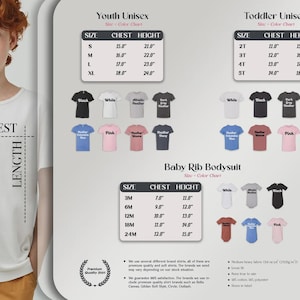 May include: A white t-shirt with the words "CHEST" and "LENGTH" marked with dotted lines. The image also shows a size and color chart for youth, toddler, and baby clothing, including chest and height measurements in inches.
