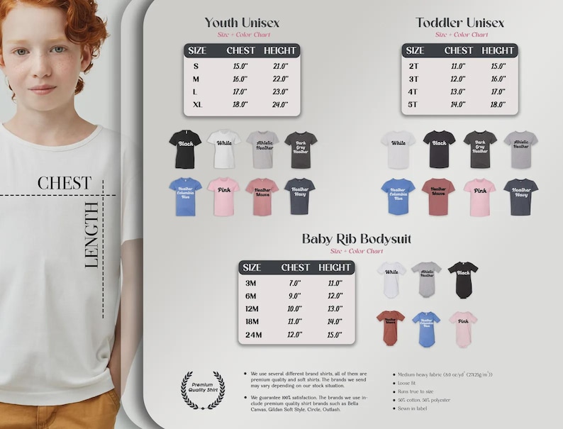 May include: A white t-shirt with the words "CHEST" and "LENGTH" marked with dotted lines. The image also shows a size and color chart for youth, toddler, and baby clothing, including chest and height measurements in inches.