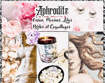 Bougie de luxe artisanale aux cristaux parfumée APHRODITE Océan, Pivoines, Lilas, Perles et Coquillages