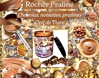 Bougie de luxe artisanale aux cristaux ROCHER PRALINÉ Chocolat, Noisettes, Pralines, Amandes et Oeil de Tigre