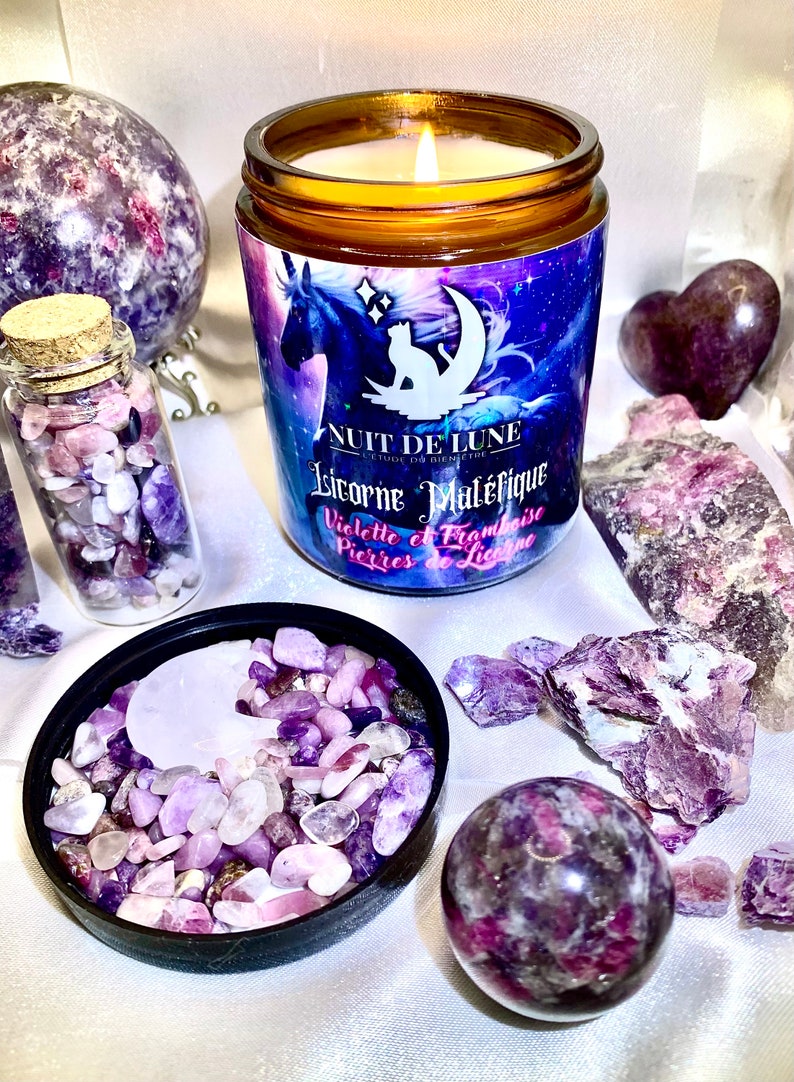 Bougie de luxe artisanale aux cristaux Nuit de Lune LICORNE MALÉFIQUE Violette et Framboise et sa fiole de Pierres de licorne image 6