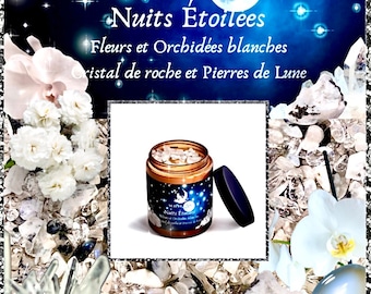 Bougie de luxe artisanale aux cristaux NUITS ÉTOILÉES Fleurs et Orchidées blanches et sa fiole de cristal de roche et pierre de lune